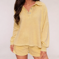 Button collar drop shoulder pullover and short set