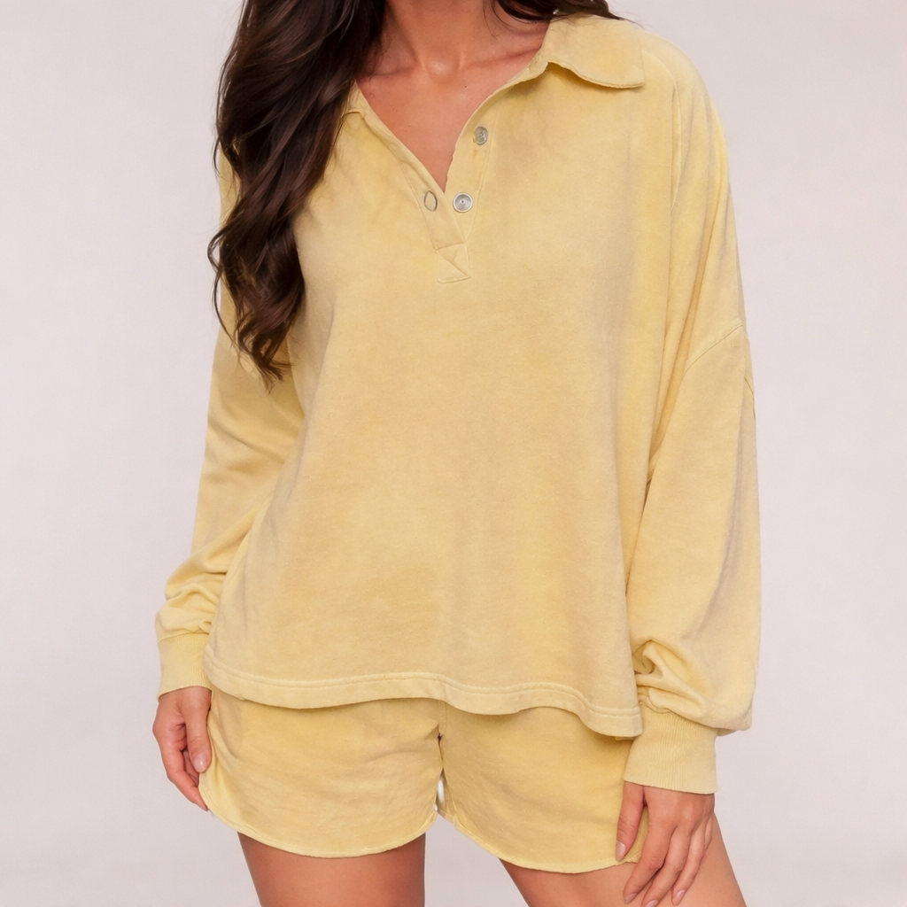 Button collar drop shoulder pullover and short set